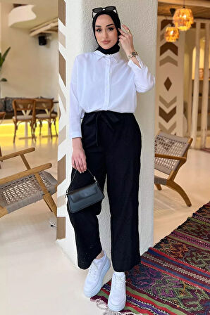 Kadın Yüksek Bel Fistolu Bel Lastikli Kuşaklı Pantolon