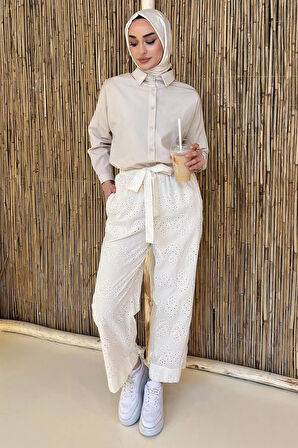 Kadın Yüksek Bel Fistolu Bel Lastikli Kuşaklı Pantolon