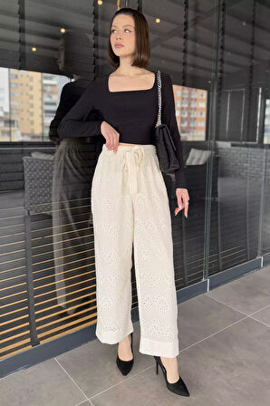 Kadın Yüksek Bel Fistolu Bel Lastikli Kuşaklı Pantolon