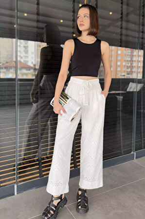 Kadın Yüksek Bel Fistolu Bel Lastikli Kuşaklı Pantolon