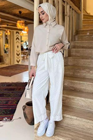 Kadın Yüksek Bel Fistolu Bel Lastikli Kuşaklı Pantolon