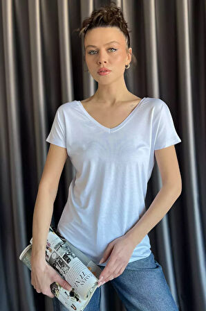 Ön Arka V Yaka Kadın T-shirt