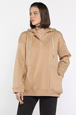 Kadın Çift Cepli Kapüşonlu Üç İplik Şardonlu Sweatshirt