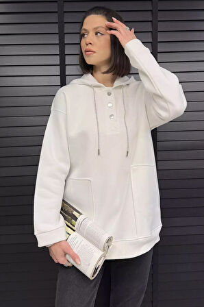 Kadın Çift Cepli Kapüşonlu Üç İplik Şardonlu Sweatshirt