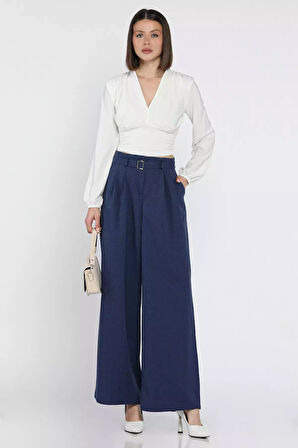 Kadın Yüksek Bel Kemer Detaylı Pileli Pantolon