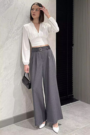 Kadın Yüksek Bel Kemer Detaylı Pileli Pantolon