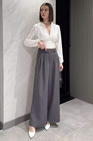 Kadın Yüksek Bel Kemer Detaylı Pileli Pantolon