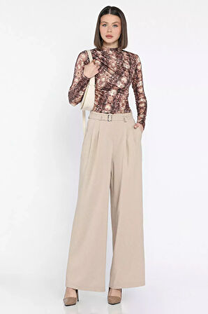 Kadın Yüksek Bel Kemer Detaylı Pileli Pantolon