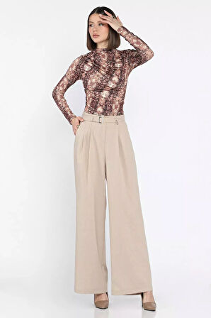 Kadın Yüksek Bel Kemer Detaylı Pileli Pantolon