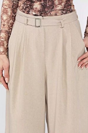 Kadın Yüksek Bel Kemer Detaylı Pileli Pantolon