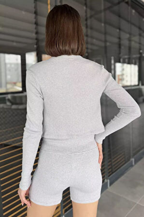 Kadın Kaşkorse Crop Hırka Şort Üçlü Takım