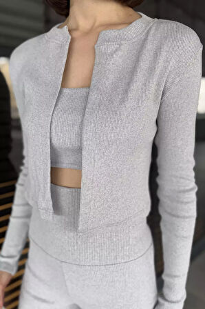 Kadın Kaşkorse Crop Hırka Şort Üçlü Takım