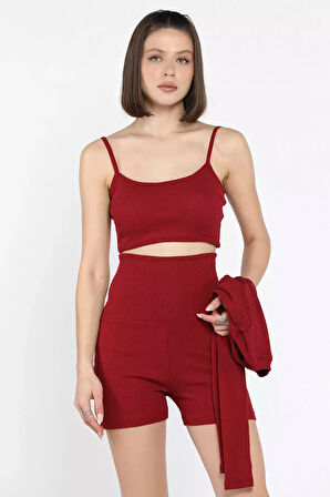 Kadın Kaşkorse Crop Hırka Şort Üçlü Takım