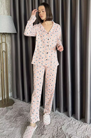 Kadın Boydan Düğmeli Baskılı Uzun Kol Pijama Takımı