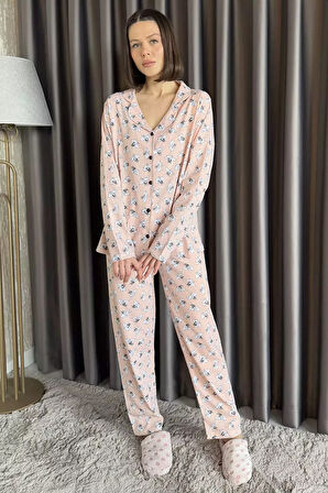 Kadın Boydan Düğmeli Baskılı Uzun Kol Pijama Takımı