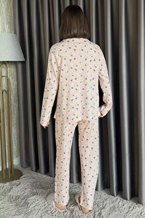 Kadın Boydan Düğmeli Baskılı Uzun Kol Pijama Takımı