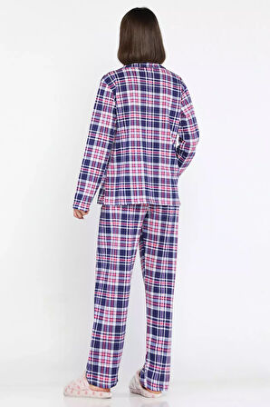 Kadın Ekose Desenli Boydan Düğmeli Uzun Kol Pijama Takımı