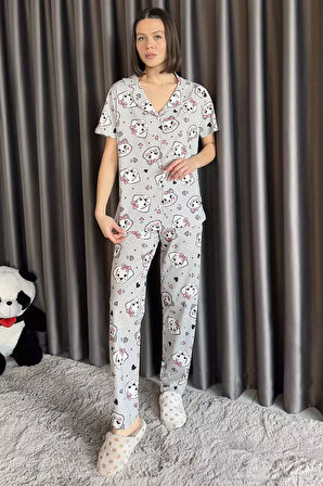 Kadın Ön Düğmeli Hayvan Figürlü Kısa Kol Pijama Takımı