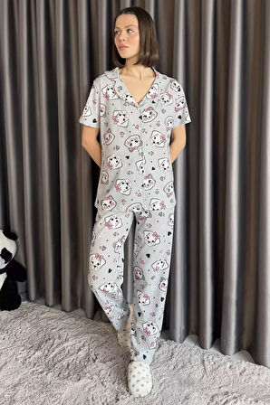 Kadın Ön Düğmeli Hayvan Figürlü Kısa Kol Pijama Takımı