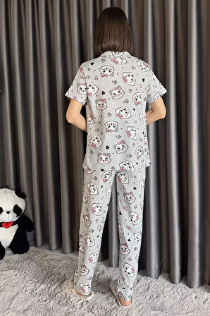 Kadın Ön Düğmeli Hayvan Figürlü Kısa Kol Pijama Takımı
