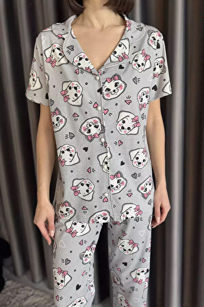 Kadın Ön Düğmeli Hayvan Figürlü Kısa Kol Pijama Takımı