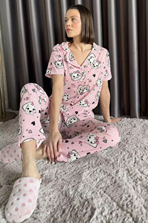 Kadın Ön Düğmeli Hayvan Figürlü Kısa Kol Pijama Takımı