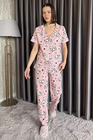 Kadın Ön Düğmeli Hayvan Figürlü Kısa Kol Pijama Takımı