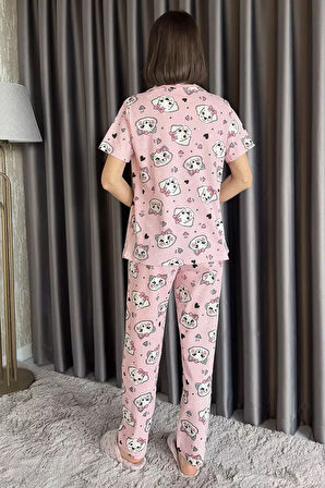 Kadın Ön Düğmeli Hayvan Figürlü Kısa Kol Pijama Takımı