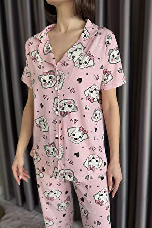 Kadın Ön Düğmeli Hayvan Figürlü Kısa Kol Pijama Takımı