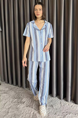 Kadın Çizgi Desenli Ön Düğmeli Kısa Kol Pijama Takımı