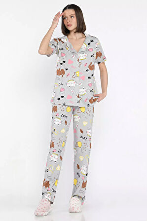 Kadın Baskılı Ön Düğmeli Kısa Kol Pijama Takımı