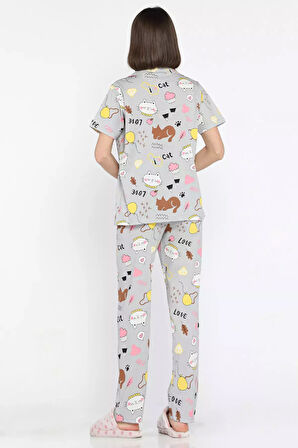 Kadın Baskılı Ön Düğmeli Kısa Kol Pijama Takımı