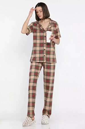 Kadın Ekose Desenli Kısa Kol Ön Düğmeli Pijama Takımı