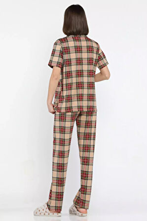 Kadın Ekose Desenli Kısa Kol Ön Düğmeli Pijama Takımı