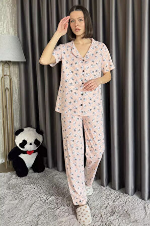 Kadın Kısa Kol Ön Düğmeli Desenli Pijama Takımı