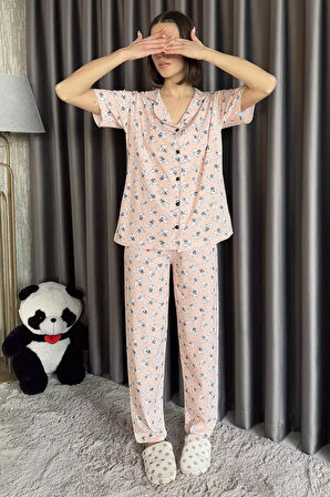 Kadın Kısa Kol Ön Düğmeli Desenli Pijama Takımı