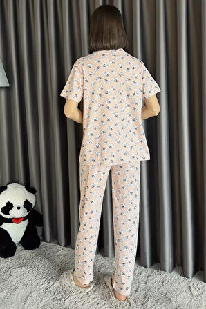 Kadın Kısa Kol Ön Düğmeli Desenli Pijama Takımı