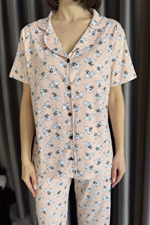 Kadın Kısa Kol Ön Düğmeli Desenli Pijama Takımı