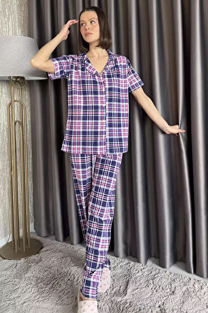 Kadın Ön Düğmeli Kısa Kol Ekose Desenli Pijama Takımı