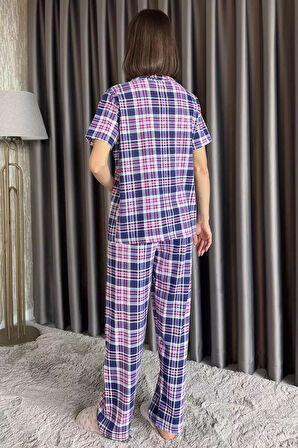 Kadın Ön Düğmeli Kısa Kol Ekose Desenli Pijama Takımı