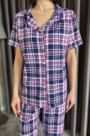 Kadın Ön Düğmeli Kısa Kol Ekose Desenli Pijama Takımı
