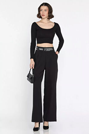 Bel Lastikli Yazı Baskılı Yüksek Bel Kadın Palazzo Pantolon