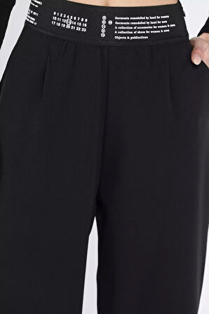 Bel Lastikli Yazı Baskılı Yüksek Bel Kadın Palazzo Pantolon