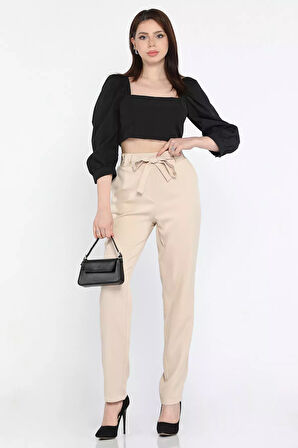 Bel Bağlamalı Lastikli Kadın Boru Paça Büyük Beden Pantolon