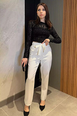 Bel Bağlamalı Lastikli Kadın Boru Paça Büyük Beden Pantolon