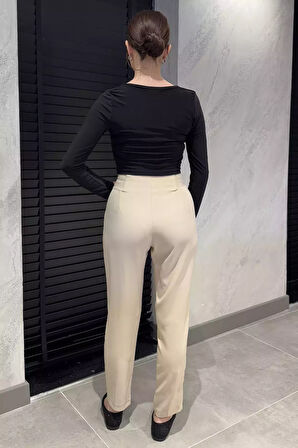 Bel Lastikli Düğme Detaylı Kadın Büyük Beden Kumaş Pantolon