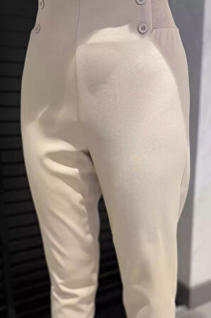 Bel Lastikli Düğme Detaylı Kadın Büyük Beden Kumaş Pantolon