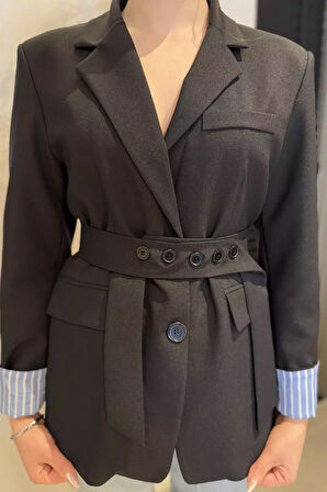 Gömlek Garnili Yırtmaç Detaylı Kadın Kuşaklı Blazer Ceket