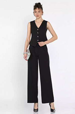 Düğme Detaylı Astarlı Kadın Yelek Pantolon İkili Takım