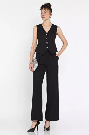 Düğme Detaylı Astarlı Kadın Yelek Pantolon İkili Takım